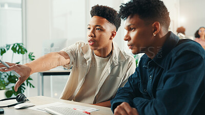 Buy stock photo Collaboration, computer and creative with designer people in office for decision or discussion. Coworking, small business or startup with design colleagues in workplace for planning or review