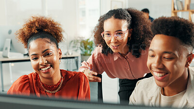 Buy stock photo Computer, happy group or business people in discussion for training, planning and brainstorming for news. Mentor, coaching and project idea on tech, journalism and help in creative startup office