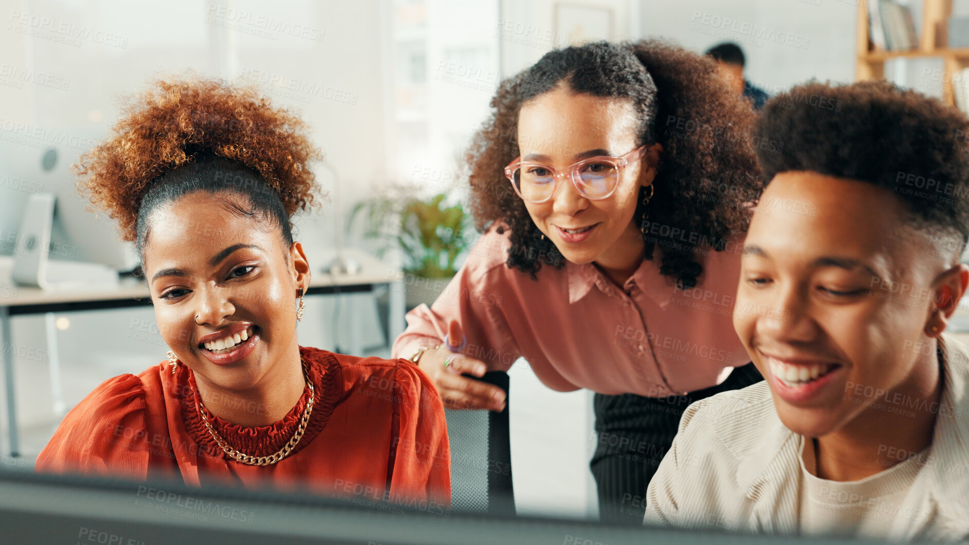 Buy stock photo Computer, happy group or business people in discussion for training, planning and brainstorming for news. Mentor, coaching and project idea on tech, journalism and help in creative startup office