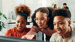 Computer, group and business people in discussion for coaching, planning and news editor internship. Happy mentor, training and help with project idea on tech, journalism and creative startup office