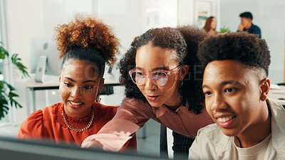 Buy stock photo Computer, group and business people in discussion for coaching, planning and news editor internship. Happy mentor, training and help with project idea on tech, journalism and creative startup office