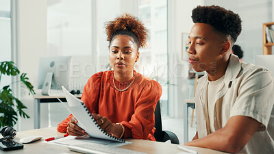 Buy stock photo Paperwork, coaching and team of business people in office for planning or news idea in creative startup. Document, internship and training with mentor for project report, journalism and strategy