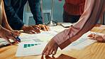 Hands, data and team of business people planning strategy, performance analysis and paper graphs. Charts, documents and collaboration with financial stats, sales revenue and profit growth in office