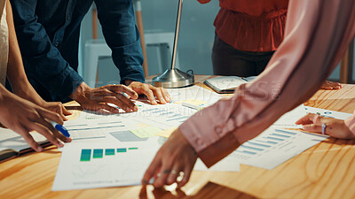 Buy stock photo Hands, data and team of business people planning strategy, performance analysis and paper graphs. Charts, documents and collaboration with financial stats, sales revenue and profit growth in office