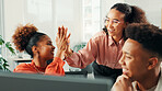 High five, friends and colleagues with smile, office and celebration for success of project and collaboration. Business, employees and gesture for achievement in agency, marketing specialist and team