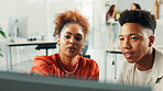 Collaboration, computer and design with business black people in office for decision or discussion. Coworking, small business or startup with designer man and woman in creative workplace for planning