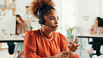 Headset, woman and receptionist talking in office with online appointment setting, schedule or support. Audio tech, consultation and virtual assistant with call for crm integration in workplace.