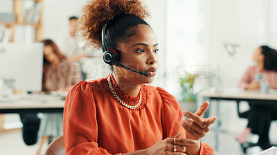 Buy stock photo Headset, woman and receptionist talking in office with online appointment setting, schedule or support. Audio tech, consultation and virtual assistant with call for crm integration in workplace.