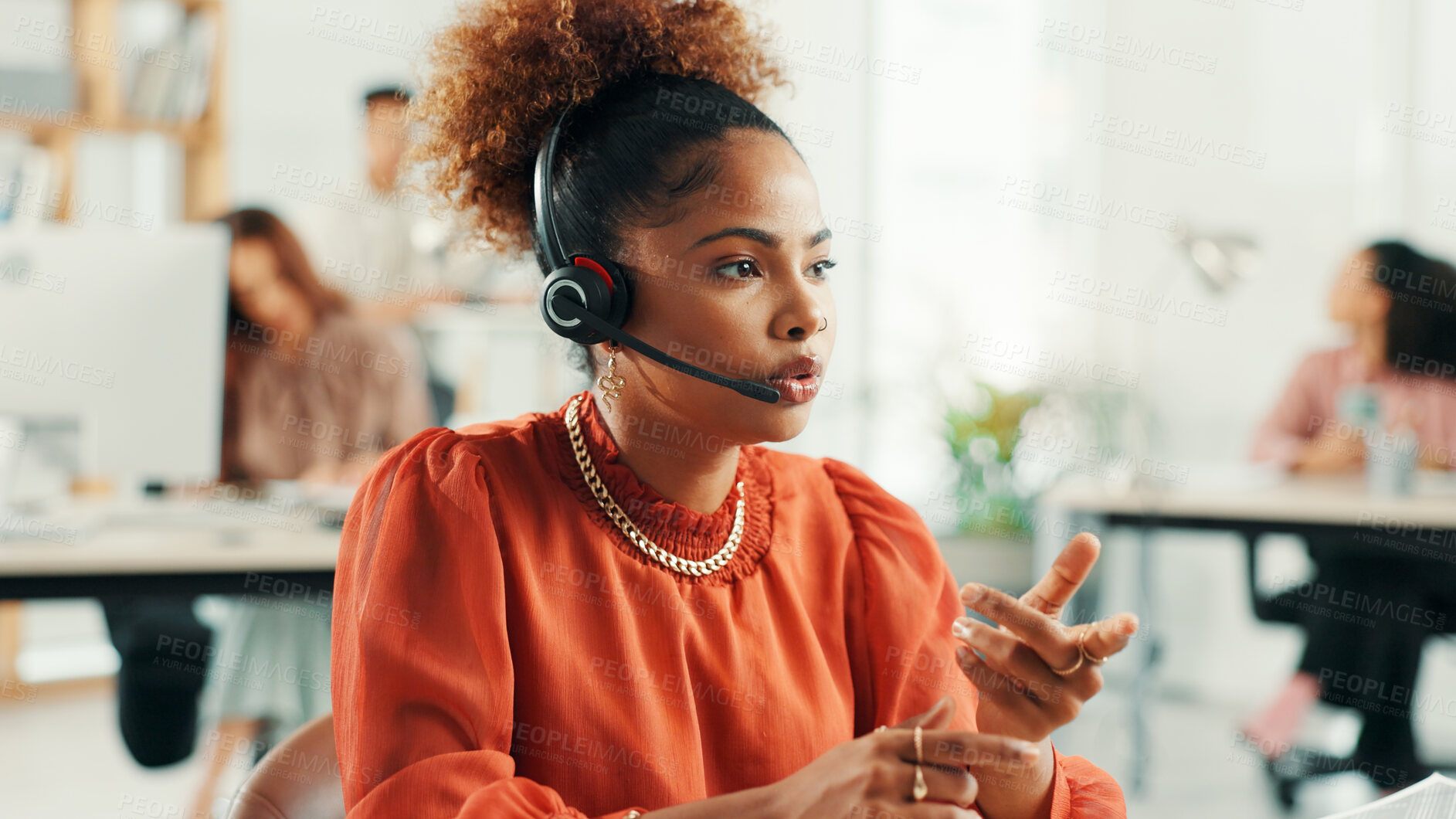 Buy stock photo Headset, woman and receptionist talking in office with online appointment setting, schedule or support. Audio tech, consultation and virtual assistant with call for crm integration in workplace.