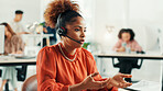Headset, woman and receptionist in office with online appointment setting, schedule or support. Audio tech, consultation and female virtual assistant with call for crm integration in workplace.