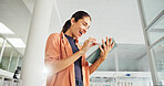 Happy woman, reading and tablet with good news for business opportunity, app or communication at office. Female person, employee or researcher with smile on technology for job promotion at workplace