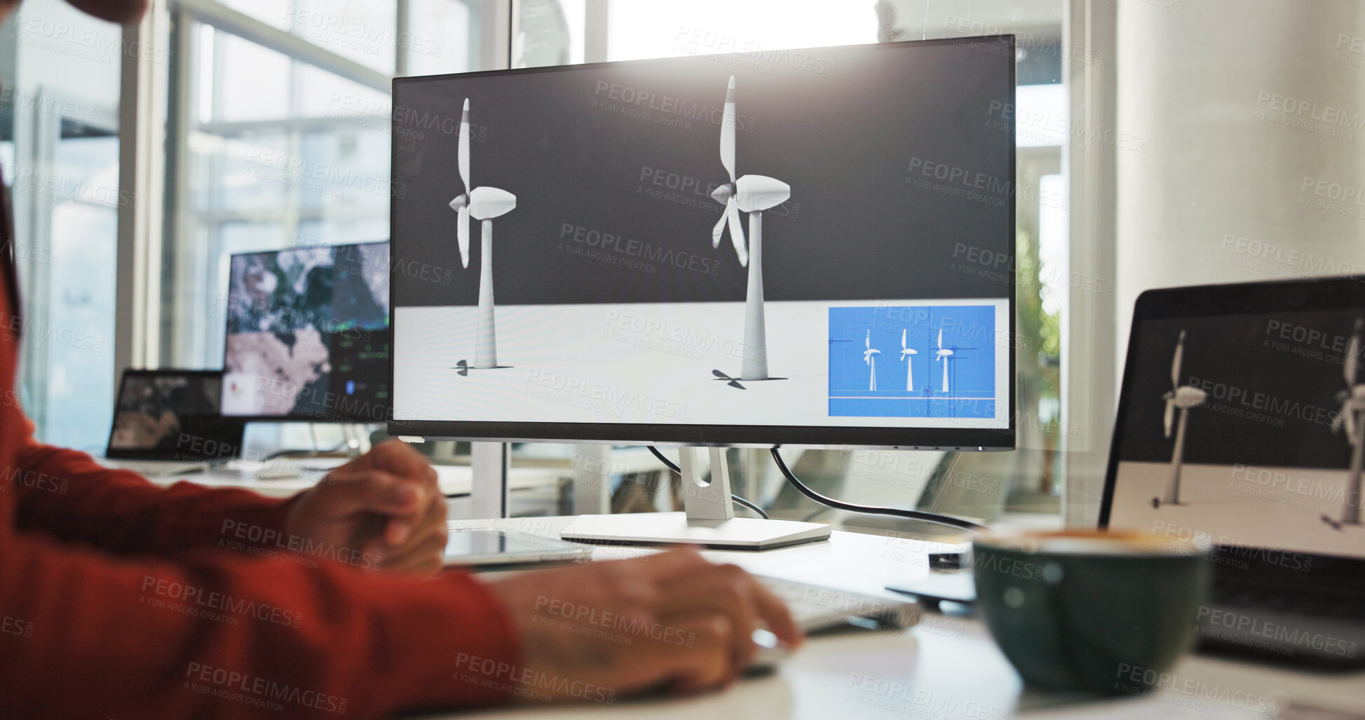 Buy stock photo Screen, engineer and employee with computer, hands and plan for windmill design, online or renewable energy. Office, designer and person with tech for wind turbine, economic benefits and eco friendly