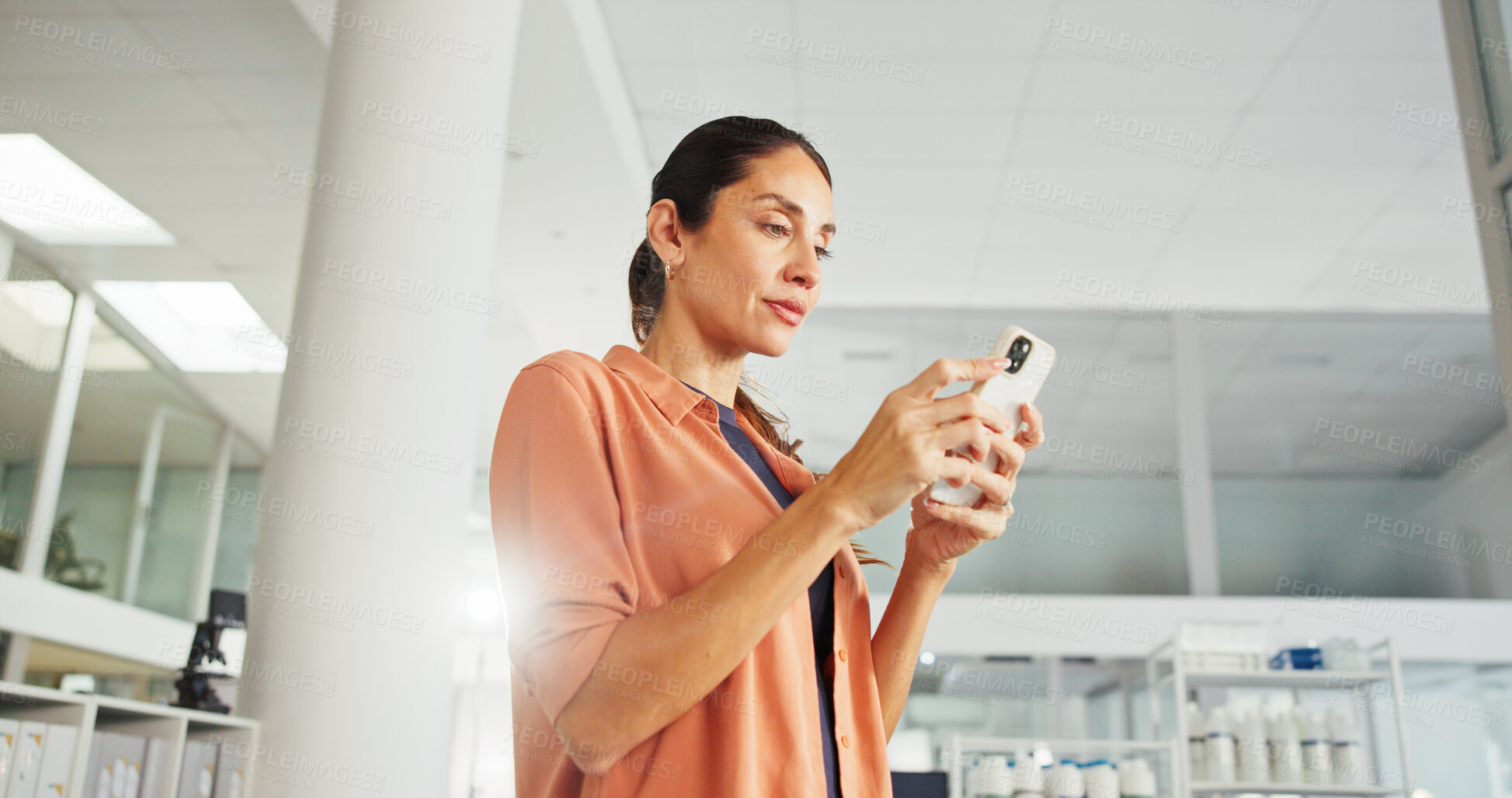 Buy stock photo Phone, reading and business woman in office for cosmetic tester, chemical formulation and research report. Communication, client email and safety policy with person in beauty lab for contact