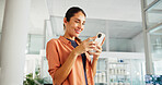 Phone, smile and business woman in office for Sustainability advisor, carbon footprint policy and research. Energy audit, environment report and review with person in  agency for project manager