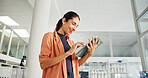 Tablet, happy and business woman in office for Sustainability advisor, carbon footprint policy and research. Energy audit, environment report and review with person in  agency for project manager
