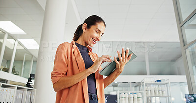 Buy stock photo Tablet, happy and business woman in office for sustainability advisor, carbon footprint policy and research. Energy audit, environment report and review with person in agency for project manager