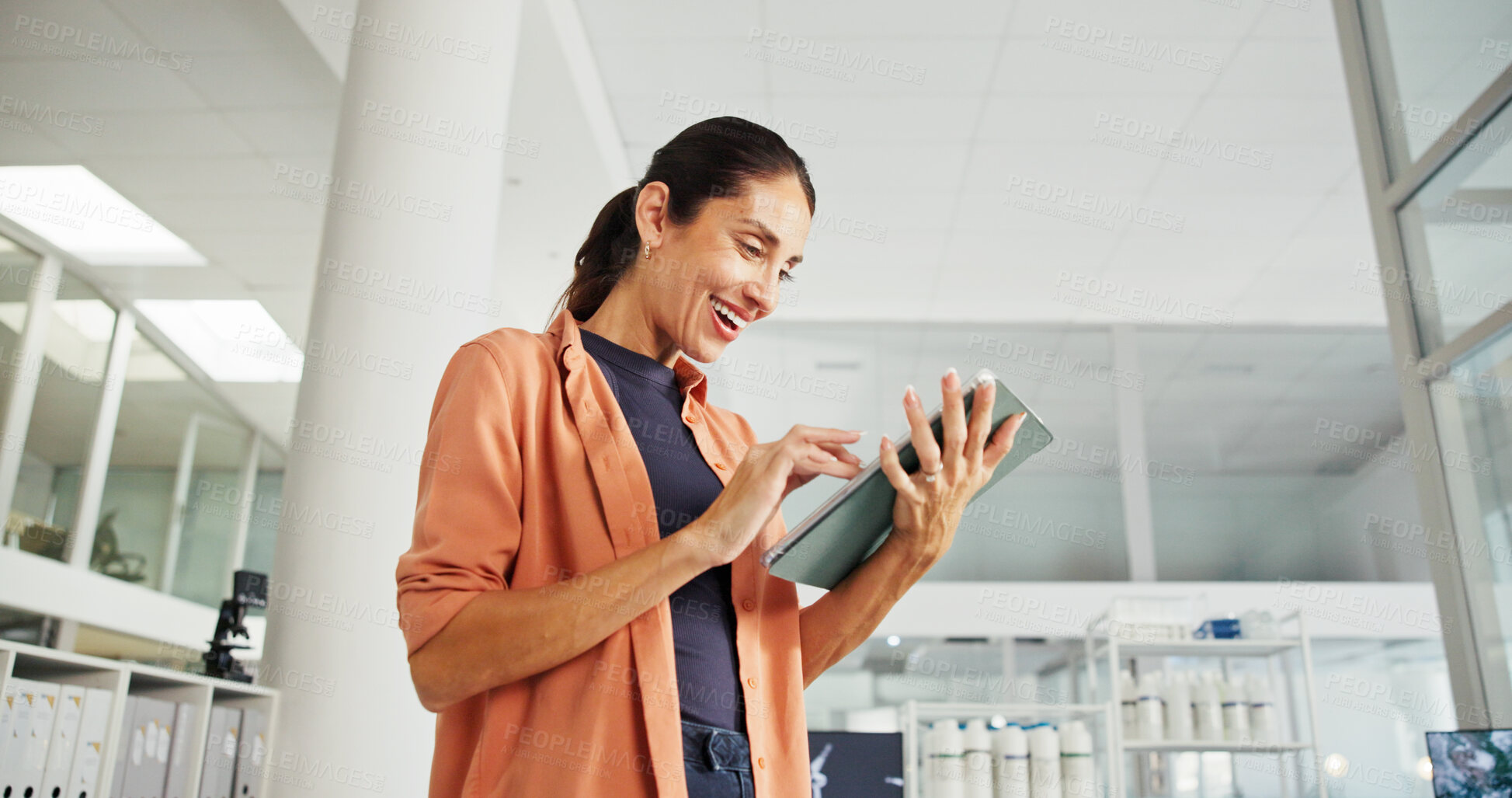 Buy stock photo Tablet, happy and business woman in office for sustainability advisor, carbon footprint policy and research. Energy audit, environment report and review with person in agency for project manager