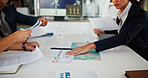 Business people, hands or team with paperwork for data, discussion or wind turbine metrics. Document, charts or planning in meeting for strategy, sustainability map or clean energy contract in office