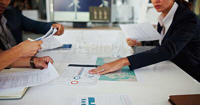 Buy stock photo Business people, hands or team with paperwork for data, discussion or wind turbine metrics. Document, charts or planning in meeting for strategy, sustainability map or clean energy contract in office