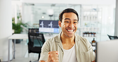 Buy stock photo Excited, engineer and man with laptop, office and planning for windmill design, happy and renewable energy. Business, designer and person with smile for wind turbine, success and feedback on tech