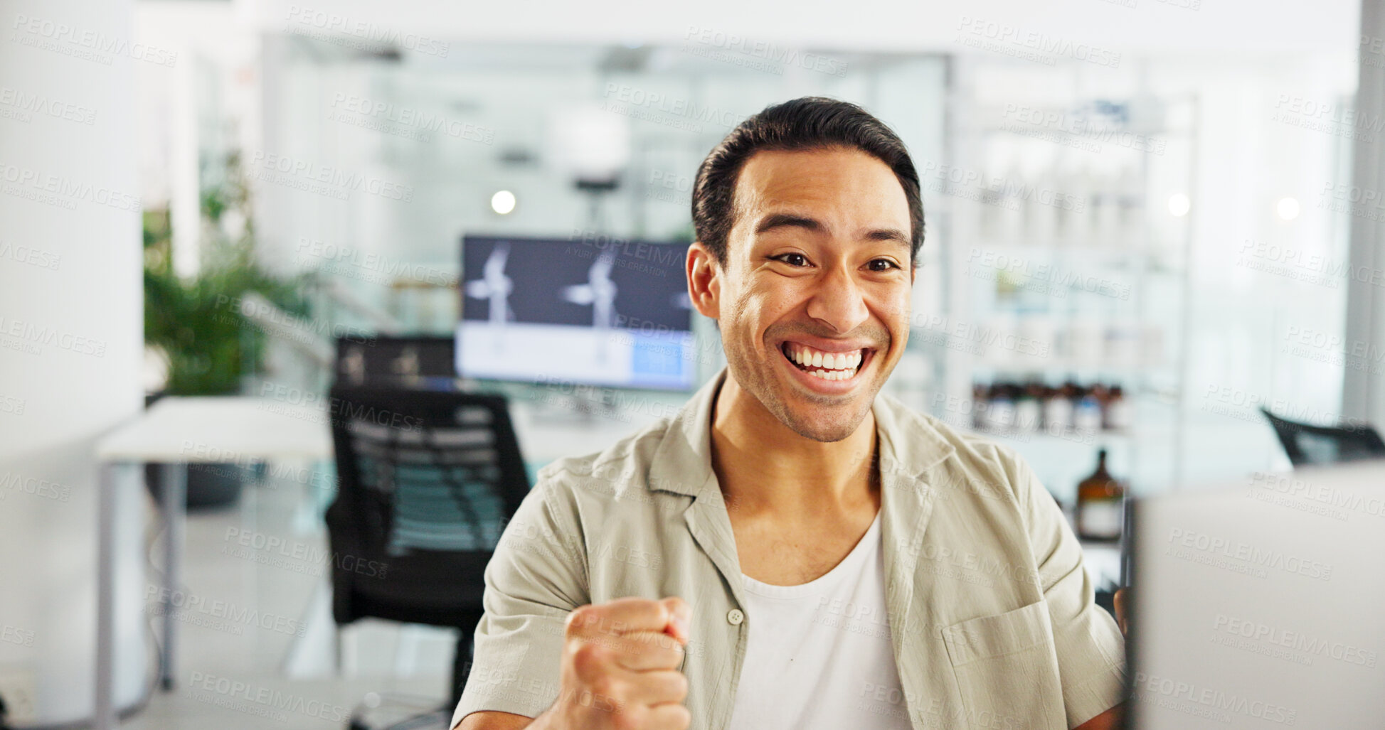 Buy stock photo Excited, engineer and man with laptop, office and planning for windmill design, happy and renewable energy. Business, designer and person with smile for wind turbine, success and feedback on tech