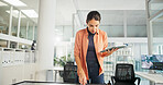 Tablet, research and business woman in office for Sustainability advisor, carbon footprint policy and screen. Energy audit, environment report and review with person in  agency for project manager