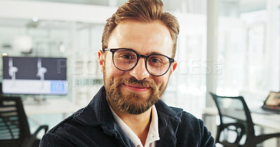 Buy stock photo Portrait, engineer and man with glasses, office and display of windmill design, online or renewable energy. Business, designer and person with tech for wind turbine, economic benefits or eco friendly