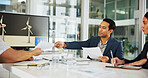 Business people, meeting or documents with discussion for renewable energy or wind turbine development. Group, employee or paperwork with design, prototype or planning model for global sustainability