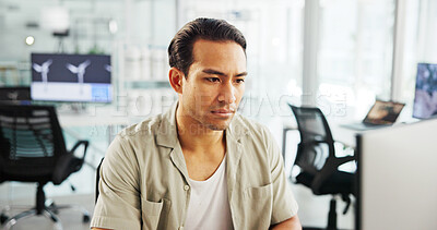 Buy stock photo Serious, engineer and man with computer, online and plan for windmill design, review and renewable energy. Business, designer and person with tech for wind turbine, economic benefits and eco friendly