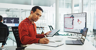 Buy stock photo Computer screen, wind turbine and writing with business man in office for renewable energy or sustainability. Electricity, tablet and windmill with map on display for development or engineering