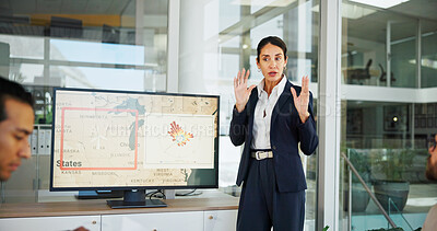 Buy stock photo Business woman, screen and meeting with map for presentation, renewable or clean energy at office. Female person, employee or speaker with technology display for wind turbine or global development
