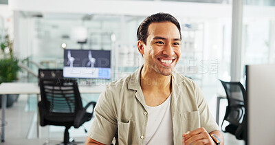 Buy stock photo Happy, engineer and man with computer, online and planning for windmill design, review or renewable energy. Business, designer and person with tech for wind turbine, economic benefits or eco friendly