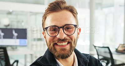 Buy stock photo Portrait, business and man in office, smile and confidence with glasses, ecology project and climate change. Face, happy person and employee in workplace, eyewear and eco friendly with wind turbine
