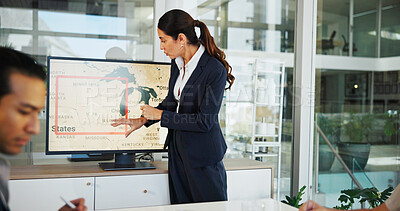 Buy stock photo Business woman, screen or presentation with map for renewable or clean energy at office. Female person, employee or speaker with technology display for wind turbine or global development at workplace