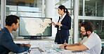Business woman, screen or discussion with map for renewable energy or development at office. Female person, employee or speaker with geographic or technology display for global project implementation