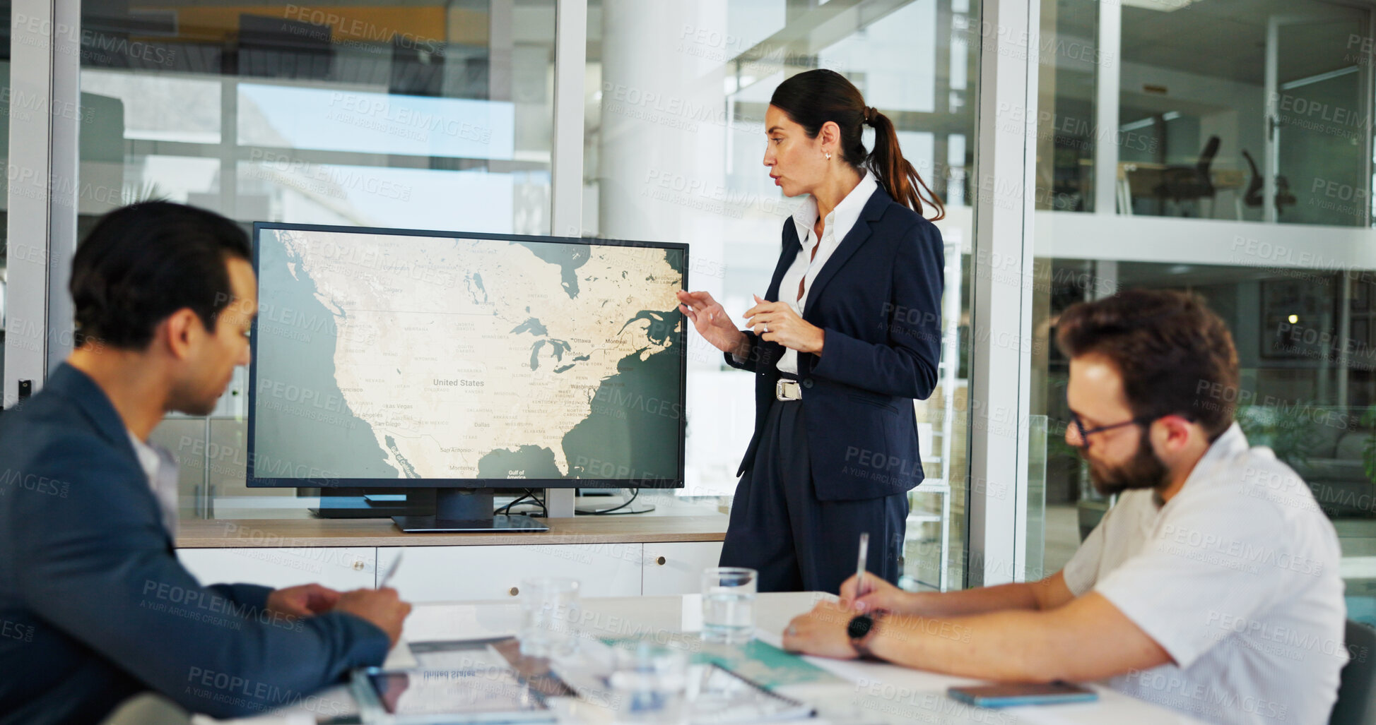 Buy stock photo Business woman, screen or discussion with map for renewable energy or development at office. Female person, employee or speaker with geographic or technology display for global project implementation