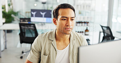 Buy stock photo Serious, engineer and man with computer, office and plan for windmill design, online and renewable energy. Business, designer and person with tech for wind turbine, economic benefits and eco friendly