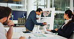 Businessman, writing or meeting with whiteboard for renewable energy or project planning at office. Man, employee or team with geographic data, map or wind turbine distribution for global development