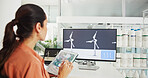 Screen, engineer and woman with tablet, office and plan for windmill design, online and renewable energy. Business, designer and person with tech for wind turbine, economic benefits and eco friendly