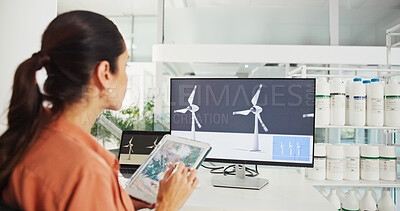 Buy stock photo Screen, engineer and woman with tablet, office and plan for windmill design, online and renewable energy. Business, designer and person with tech for wind turbine, economic benefits and eco friendly