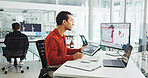 Computer screen, tablet and windmill with business man in office for renewable energy or sustainability. Ecology, electricity and wind turbine with map on display for development or engineering
