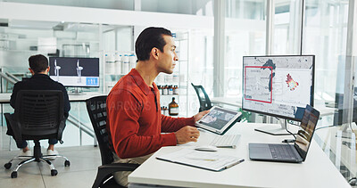 Buy stock photo Computer screen, tablet and windmill with business man in office for renewable energy or sustainability. Ecology, electricity and wind turbine with map on display for development or engineering