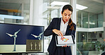 Business woman, presentation and tablet screen with chart for renewable energy, statistics or humidity. Female person, employee or wind turbine with ideas, graph or research for project development