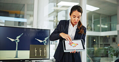 Buy stock photo Business woman, presentation and tablet screen with chart for renewable energy, statistics or humidity. Female person, employee or wind turbine with ideas, graph or research for project development