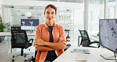 Buy stock photo Happy, designer and woman with arms crossed, portrait and confident for windmill design, tech and renewable energy. Office, engineer and person with computer for wind turbine, screen and smile in USA