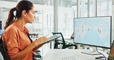 Buy stock photo Computer screen, tablet and wind turbine with business woman in office for renewable energy or sustainability. Ecology, location and windmill with map on display for development or engineering