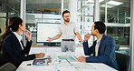 Businessman, screen or presentation with map for renewable energy or eco development at office. Man, employee or speaker with technology display for wind turbine or global implementation at workplace