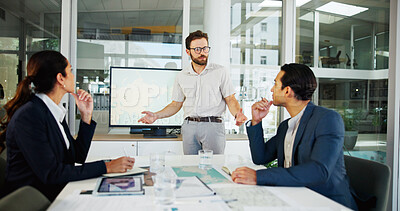 Buy stock photo Businessman, screen or presentation with map for renewable energy or eco development at office. Man, employee or speaker with technology display for wind turbine or global implementation at workplace