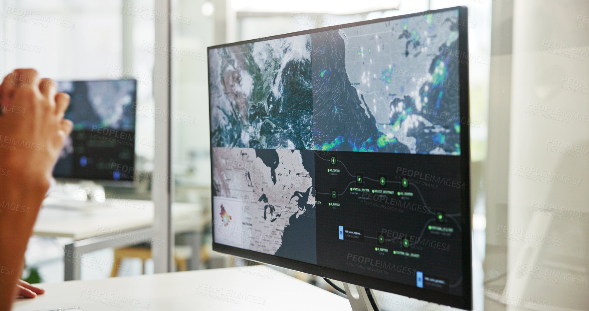 Buy stock photo Hands, computer and screen with weather report for climate change, map and global forecast in office. Person, monitor and meteorology research at work with storm analysis, tornado warning and wind