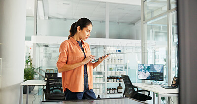 Buy stock photo Tablet, reading and business woman in office for sustainability advisor, carbon footprint policy and research. Energy audit, environment report and review with person in  agency for project manager